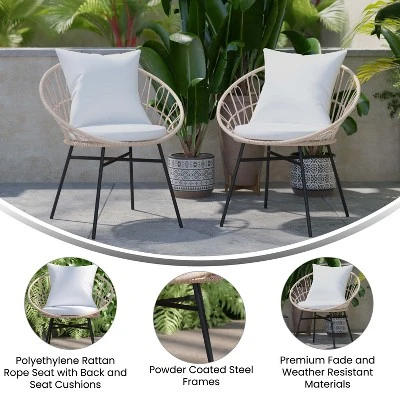 Flash Furniture Devon Set Of 2 Indoor/Outdoor Modern Papasan Style Rattan Rope Patio Chairs, PE Rattan With Cushions 3 Flash Furniture Devon Set Of 2 Indoor/Outdoor Modern Papasan Style Rattan Rope Patio Chairs, PE Rattan With Cushions - Image 3