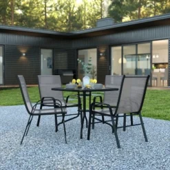 Flash Furniture 5 Piece Outdoor Patio Dining Set - Tempered Glass Patio Table, 4 Flex Comfort Stack Chairs