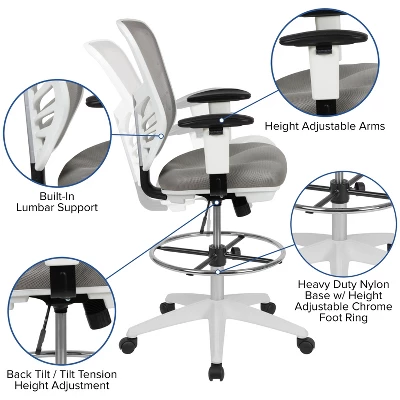 Flash Furniture Mid-Back Mesh Ergonomic Drafting Chair With Adjustable Chrome Foot Ring, Adjustable Arms 4 Flash Furniture Mid-Back Mesh Ergonomic Drafting Chair With Adjustable Chrome Foot Ring, Adjustable Arms - Image 4