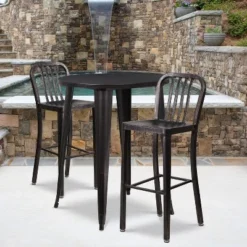 Flash Furniture Commercial Grade 30" Round Metal Indoor-Outdoor Bar Table Set With 2 Vertical Slat Back Stools