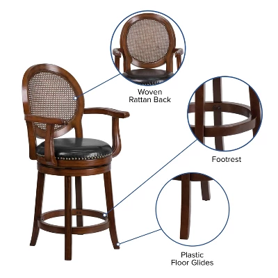 Flash Furniture 26'' High Expresso Wood Counter Height Stool With Arms, Woven Rattan Back And Black LeatherSoft Swivel Seat 2 Flash Furniture 26'' High Expresso Wood Counter Height Stool With Arms, Woven Rattan Back And Black LeatherSoft Swivel Seat - Image 2