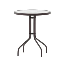 Flash Furniture Lila 23.75'' Round Glass Metal Table With 2 Metal Aluminum Slat Stack Chairs -Flash Furniture Shop GUEST 221412c5 5965 46a3 96da 1619bf88120a
