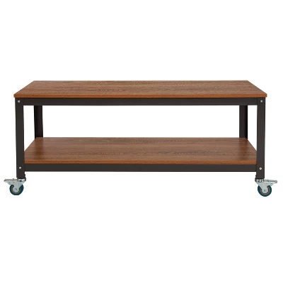 Flash Furniture Livingston Collection TV Stand In Brown Oak Wood Grain Finish With Metal Wheels 2 Flash Furniture Livingston Collection TV Stand In Brown Oak Wood Grain Finish With Metal Wheels - Image 2