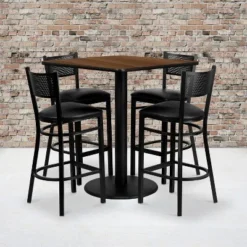 Flash Furniture 36'' Square Walnut Laminate Table Set With 4 Grid Back Metal Barstools - Black Vinyl Seat