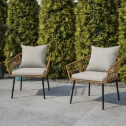 Flash Furniture Evin Set Of 2 Boho Indoor/Outdoor Rope Rattan Wicker Patio Chairs With All-Weather Cushions