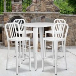 Flash Furniture Commercial Grade 30" Round Metal Indoor-Outdoor Bar Table Set With 4 Vertical Slat Back Stools