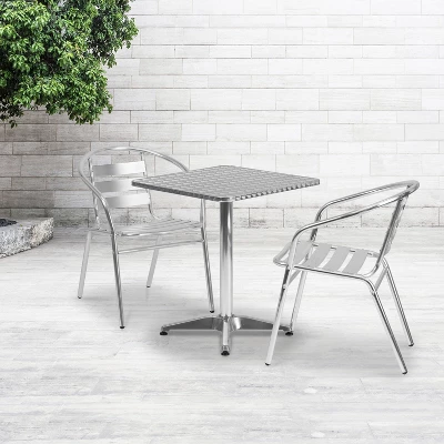 Flash Furniture Lila 23.5'' Square Aluminum Indoor-Outdoor Table Set With 2 Slat Back Chairs 1 Flash Furniture Lila 23.5'' Square Aluminum Indoor-Outdoor Table Set With 2 Slat Back Chairs