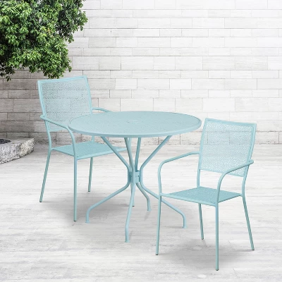 Flash Furniture Oia Commercial Grade 35.25" Round Indoor-Outdoor Steel Patio Table Set With 2 Square Back Chairs 1 Flash Furniture Oia Commercial Grade 35.25" Round Indoor-Outdoor Steel Patio Table Set With 2 Square Back Chairs