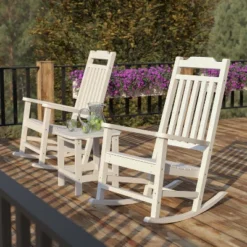 Flash Furniture Set Of 2 Winston All-Weather Poly Resin Rocking Chairs With Accent Side Table