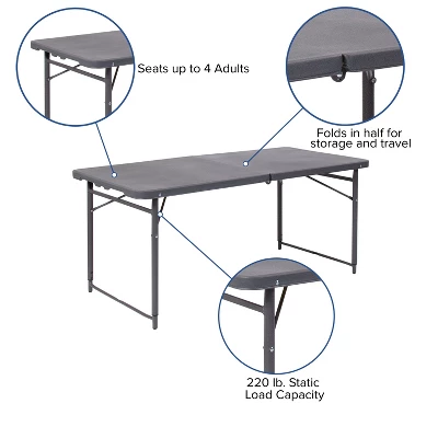 Flash Furniture 4-Foot Height Adjustable Bi-Fold Dark Gray Plastic Folding Table With Carrying Handle 4 Flash Furniture 4-Foot Height Adjustable Bi-Fold Dark Gray Plastic Folding Table With Carrying Handle - Image 4