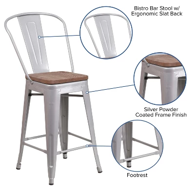 Flash Furniture 24" High Metal Counter Height Stool With Back And Wood Seat 9 Flash Furniture 24" High Metal Counter Height Stool With Back And Wood Seat - Image 9