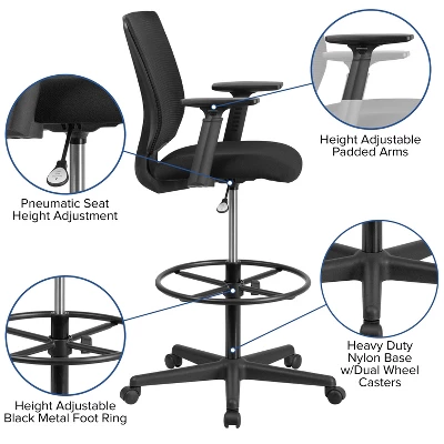 Flash Furniture Ergonomic Mid-Back Mesh Drafting Chair With Black Fabric Seat, Adjustable Foot Ring And Adjustable Arms 2 Flash Furniture Ergonomic Mid-Back Mesh Drafting Chair With Black Fabric Seat, Adjustable Foot Ring And Adjustable Arms - Image 2