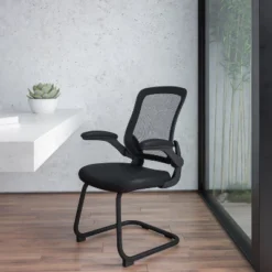 Flash Furniture Black Mesh Sled Base Side Reception Chair With Flip-Up Arms