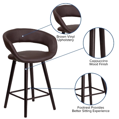 Flash Furniture Brynn Series 24'' High Contemporary Vinyl Rounded Back Counter Height Stool With Cappuccino Wood Frame 2 Flash Furniture Brynn Series 24'' High Contemporary Vinyl Rounded Back Counter Height Stool With Cappuccino Wood Frame - Image 2