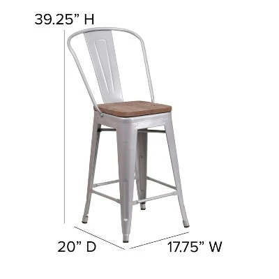 Flash Furniture 24" High Metal Counter Height Stool With Back And Wood Seat 6 Flash Furniture 24" High Metal Counter Height Stool With Back And Wood Seat - Image 6