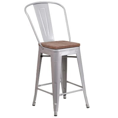 Flash Furniture 24" High Metal Counter Height Stool With Back And Wood Seat 7 Flash Furniture 24" High Metal Counter Height Stool With Back And Wood Seat - Image 7