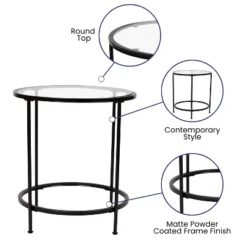 Flash Furniture Astoria Collection Round End Table - Modern Clear Glass Accent Table With Matte Black Frame
