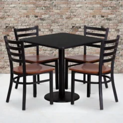 Flash Furniture 30'' Square Black Laminate Table Set With 4 Ladder Back Metal Chairs - Cherry Wood Seat