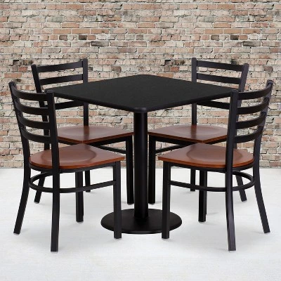Flash Furniture 30'' Square Black Laminate Table Set With 4 Ladder Back Metal Chairs - Cherry Wood Seat 1 Flash Furniture 30'' Square Black Laminate Table Set With 4 Ladder Back Metal Chairs - Cherry Wood Seat