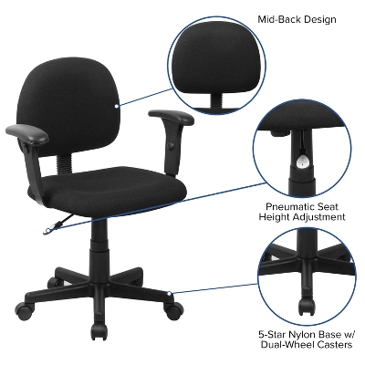 Flash Furniture Wayne Mid-Back Black Fabric Swivel Task Office Chair With Adjustable Arms 2 Flash Furniture Wayne Mid-Back Black Fabric Swivel Task Office Chair With Adjustable Arms - Image 2