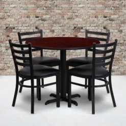 Flash Furniture 36'' Round Mahogany Laminate Table Set With X-Base And 4 Ladder Back Metal Chairs - Black Vinyl Seat