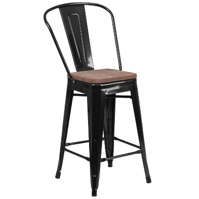 Flash Furniture 24" High Metal Counter Height Stool With Back And Wood Seat 12 Flash Furniture 24" High Metal Counter Height Stool With Back And Wood Seat - Image 12