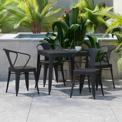 Flash Furniture All-Weather Resin Top Square Table & 4 Metal Chairs With Poly Resin Seats-Black 1 Flash Furniture All-Weather Resin Top Square Table & 4 Metal Chairs With Poly Resin Seats-Black