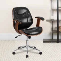 Flash Furniture Tansia Mid-Back Black LeatherSoft Executive Ergonomic Wood Swivel Office Chair With Arms