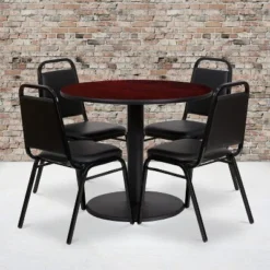 Flash Furniture 36'' Round Laminate Table Set With Round Base And 4 Trapezoidal Back Banquet Chairs