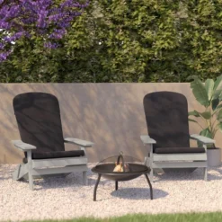 Flash Furniture Charlestown Set Of 2 All-Weather Poly Resin Indoor/Outdoor Folding Adirondack Chairs With Cushions For Deck, Porch, And Patio