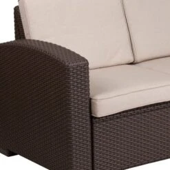 Flash Furniture Chocolate Brown Faux Rattan Loveseat With All-Weather Beige Cushions -Flash Furniture Shop GUEST f19d1f70 9451 44d7 8dc9 94b4250c7f6b