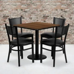 Flash Furniture 30'' Square Walnut Laminate Table Set With 4 Grid Back Metal Chairs - Black Vinyl Seat