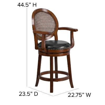 Flash Furniture 26'' High Expresso Wood Counter Height Stool With Arms, Woven Rattan Back And Black LeatherSoft Swivel Seat 3 Flash Furniture 26'' High Expresso Wood Counter Height Stool With Arms, Woven Rattan Back And Black LeatherSoft Swivel Seat - Image 3