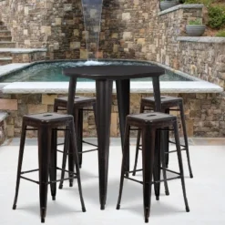 Flash Furniture Commercial Grade 30" Round Metal Indoor-Outdoor Bar Table Set With 4 Square Seat Backless Stools